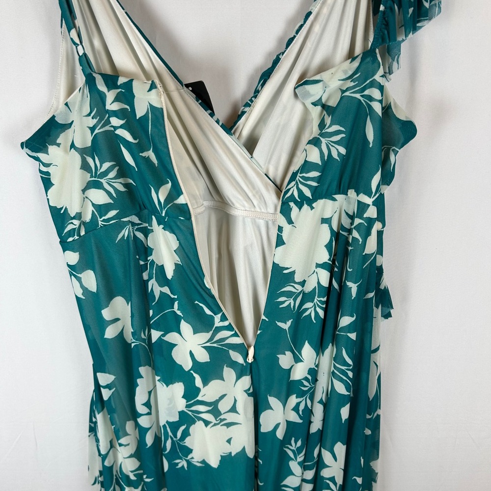 NEW Torrid Teal Shadow Floral Mesh Asymmetrical Ruffle Skater Midi Dress 2X - Picture 13 of 13
